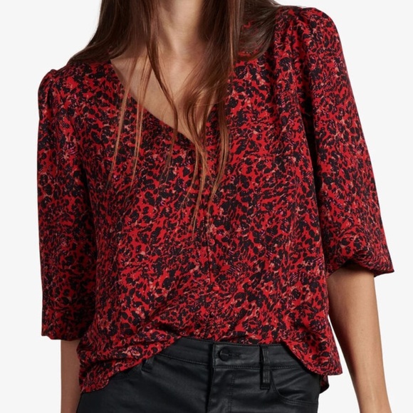 Sanctuary abstract print blouse smocked sleeves button front red black 3X - Picture 1 of 10